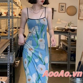 Aooao-nữ Suspender Dài In Hoa Cổ Vuông Skinny Đầm