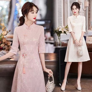 Sườn xám cải tiến thêu ren guofeng Đầm cỡ lớn Đầm Retro mùa thu Đầm năm mới cho nữ áo dài tết 2024