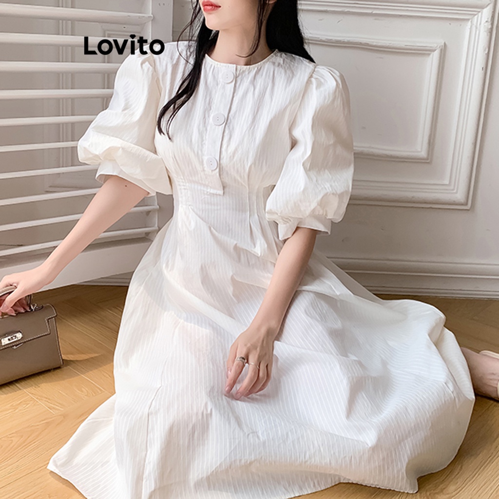 Lovito Đầm cài khuy phía trước thanh lịch dành cho nữ LNA37038 (Trắng đen)