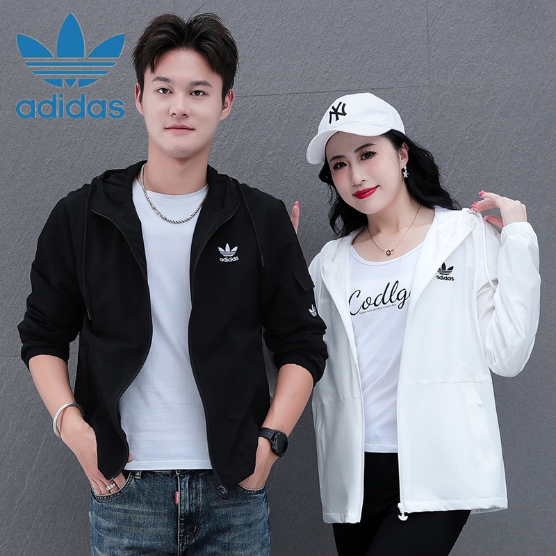 Áo Khoác Gió Adidas Có Mũ Trùm Thêu Logo Cá Tính Dành Cho Cặp Đôi