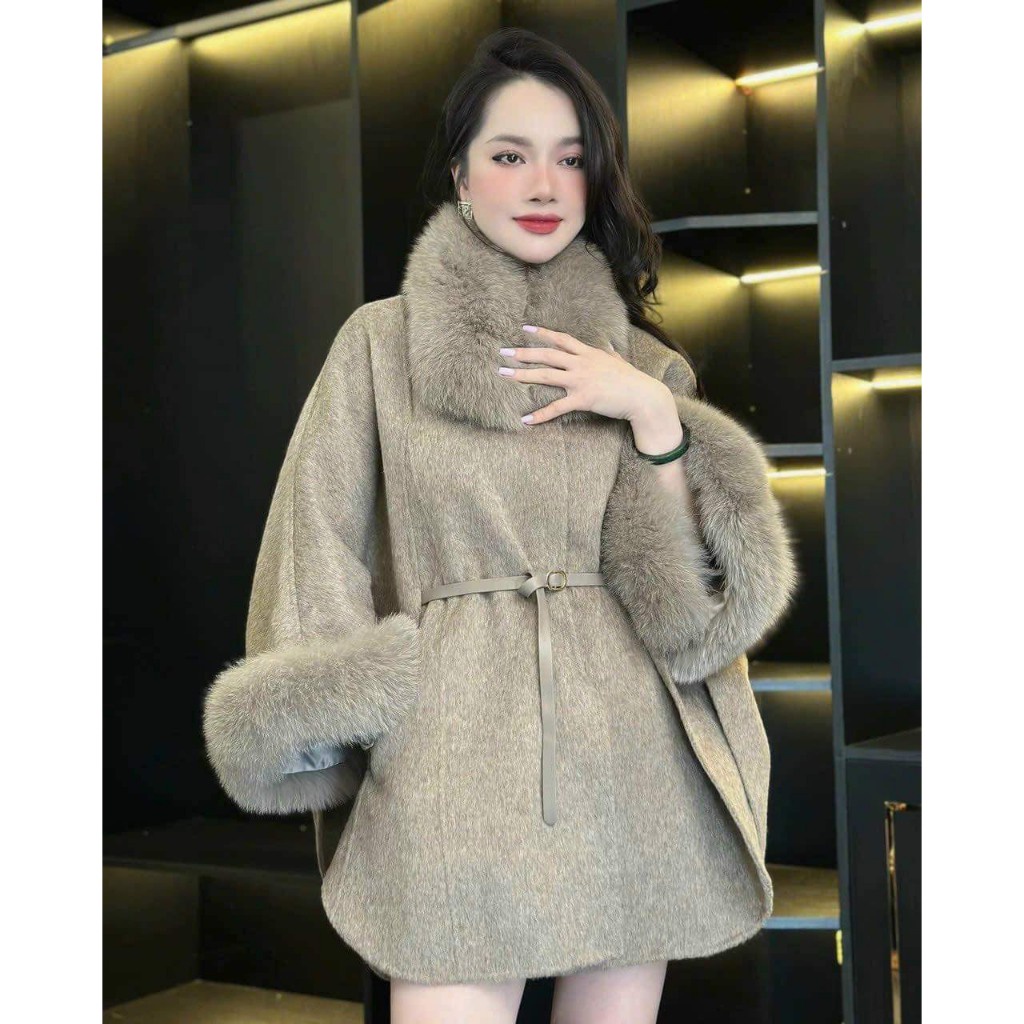 Áo Khoác Dài Tay Cổ Tay Lông Thỏ Có Dây Buộc Eo Sang Chảnh [HT Fashion]