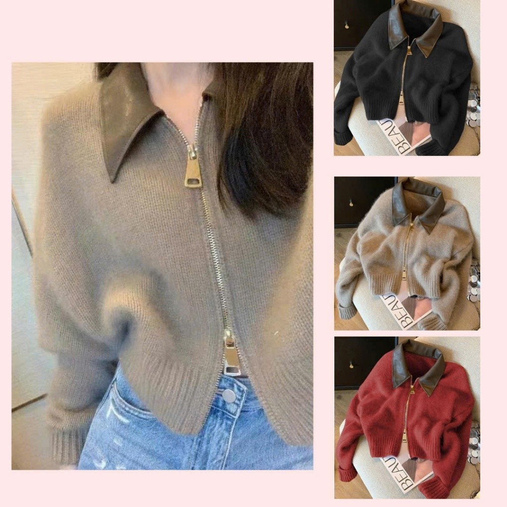 Áo khoác cardigan len dáng croptop thiết kế cách điệu khóa kéo 2 chiều phối cổ sơ mi MT33 SP252