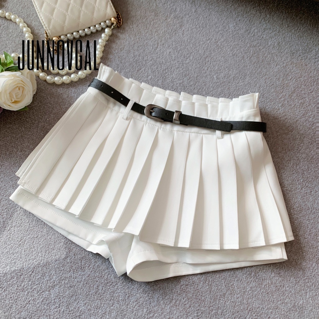 Chân váy nữ JUNNOVGAL xếp ly cạp cao phối thắt lưng thời trang mới 2023