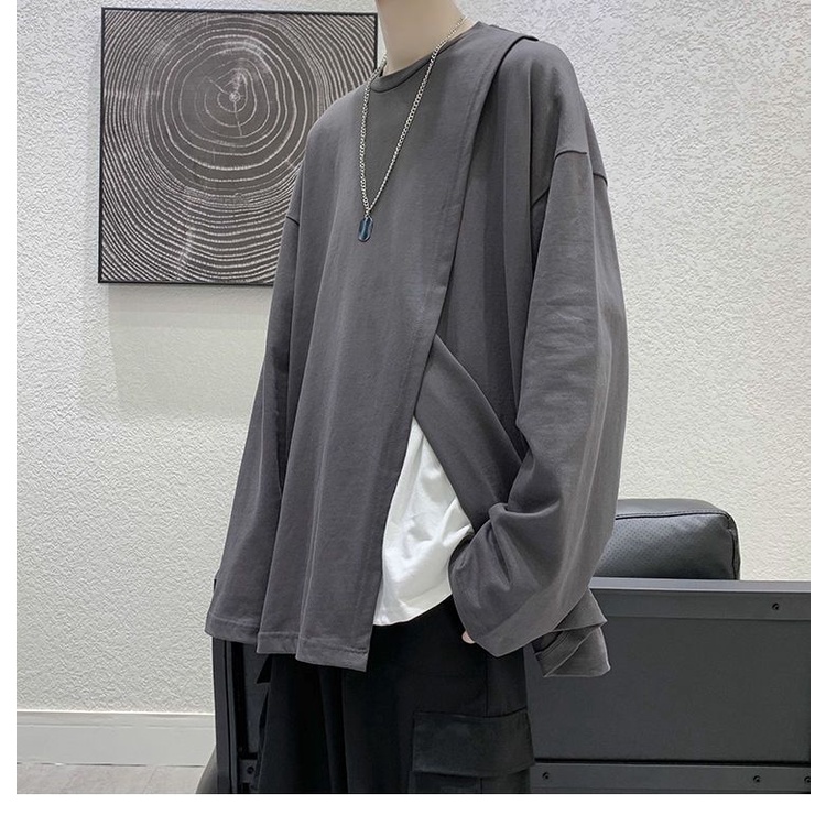 Áo Thun Tay Dài Dáng Rộng Xẻ Tà Kiểu Hồng Kông Cá Tính Cho Nam