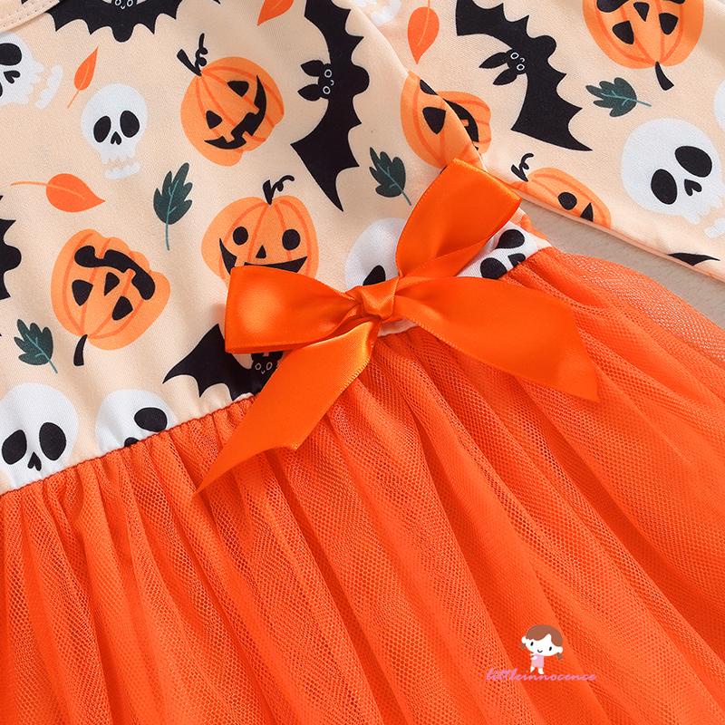 Đầm Xòe Tay Dài In Hình Quả Bí Ngô / Dơi / Đầu Lâu Phối Lưới Đính Nơ Thời Trang halloween Cho Bé Gái