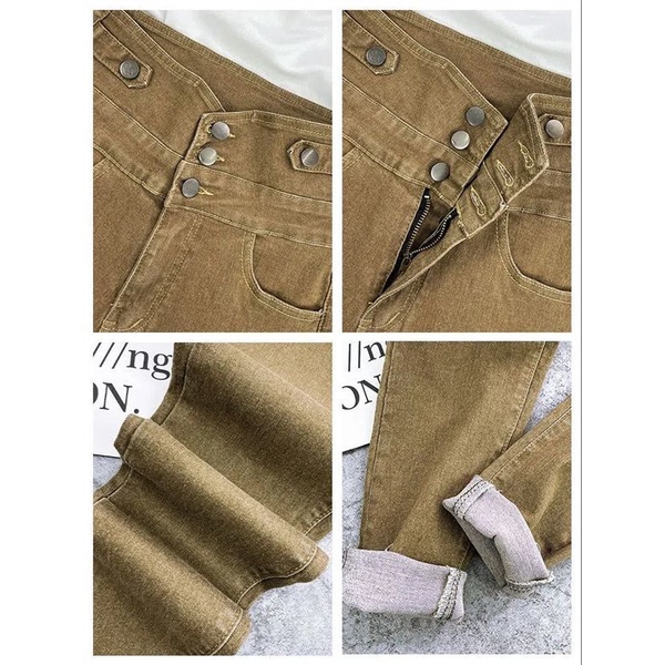 Quần Jean Kaki Lưng Cao Ôm Dáng Nhiều Nút Phong Cách retro Mùa Đông 2023 Cho Nữ