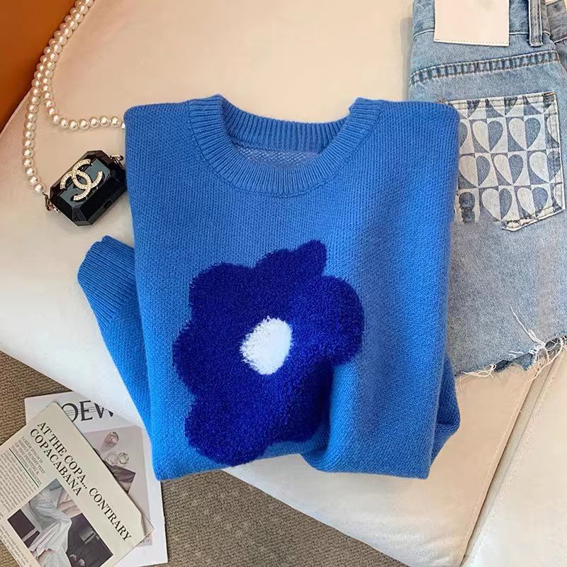 Milyfashion Áo sweater Dệt Kim Tay Phồng Ngắn In Hoa Màu Xanh Dương Thời Trang Mùa Xuân 2023 Cho Nữ