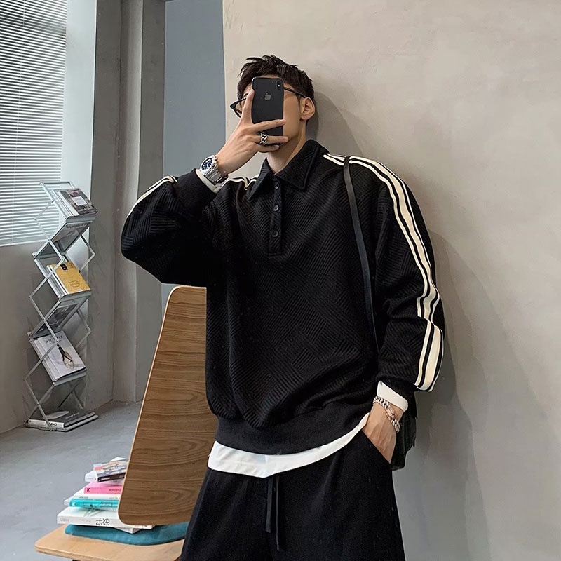 Áo sweater polo Dáng Rộng Họa Tiết Kẻ Sọc Màu Tương Phản Thời Trang Cho Nam
