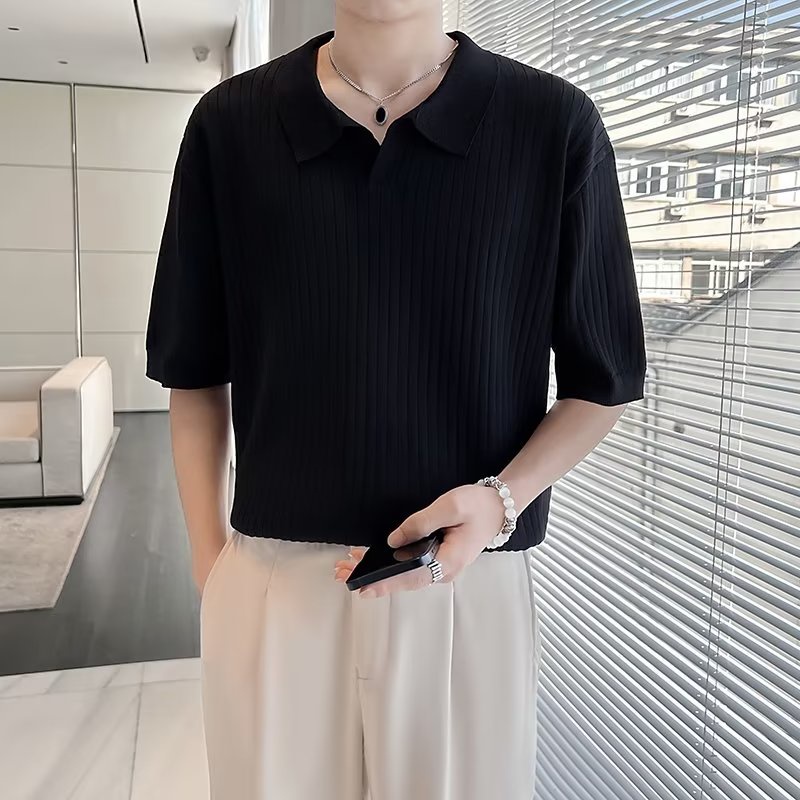 Áo Thun polo Dệt Kim Tay Ngắn Màu Trơn Thời Trang Mùa Hè Phong Cách Nhật Bản Cho Nam