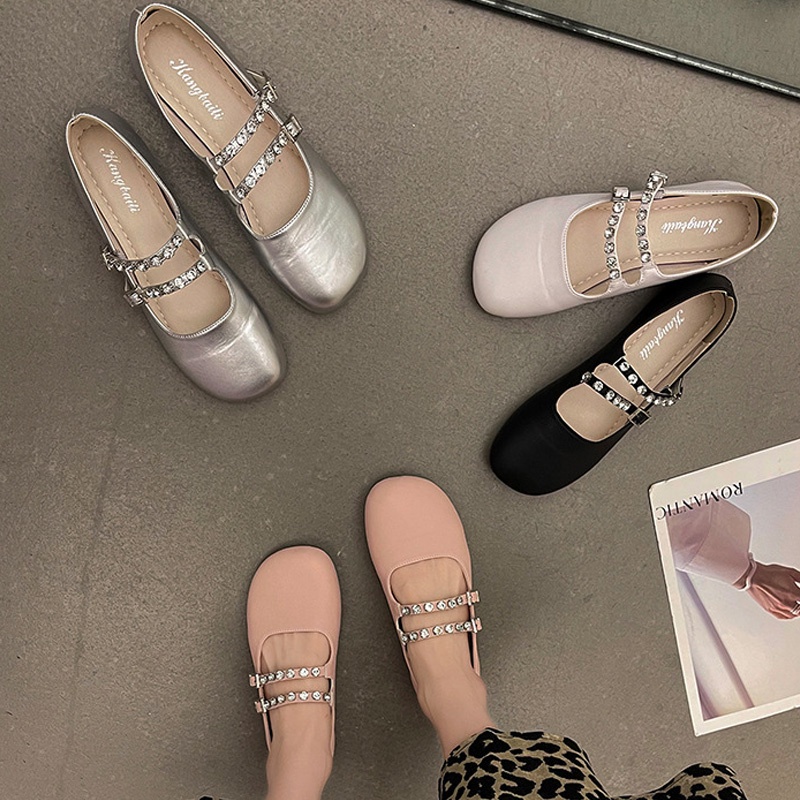 One more shoes⭐Giày Da Mũi Tròn Màu Trơn Đính Đá Phong Cách Hàn Quốc Cho Nữ