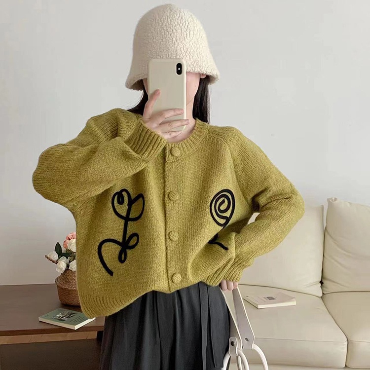 Áo Khoác cardigan Dệt Kim Thêu Hoa Phối Hàng Nút Phong Cách Hàn Quốc