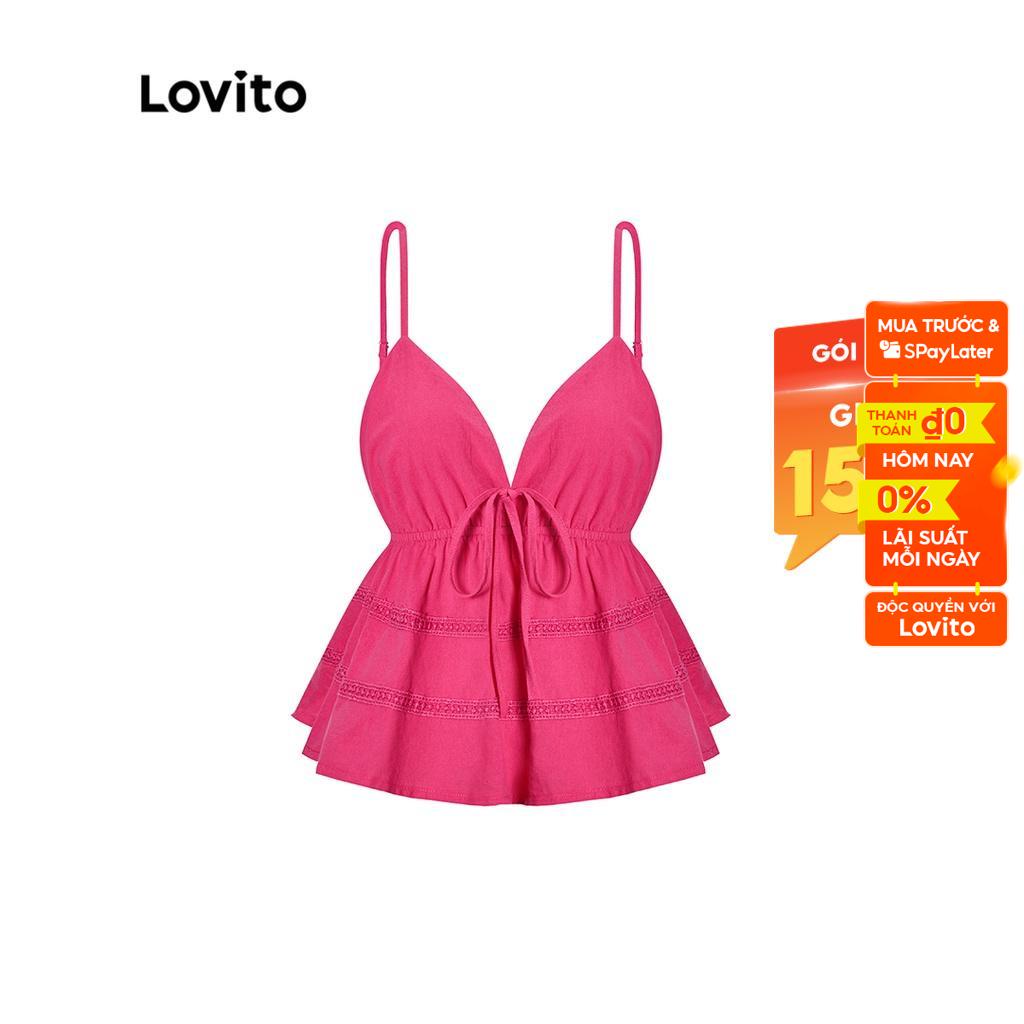 Áo hai dây Lovito phong cách Boho màu trơn hở lưng viền xếp nếp dành cho nữ L54ED047 (Hot hồng)