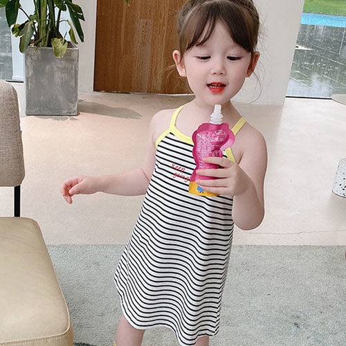 90-140cm Ice Silk Ribbed Mùa Hè Phong Cách Mỏng Bé Gái Bé Gái Trẻ Em Không Tay Sling Dễ Thương Giữa Chiều Dài Kẹo Đầm Sling Màu