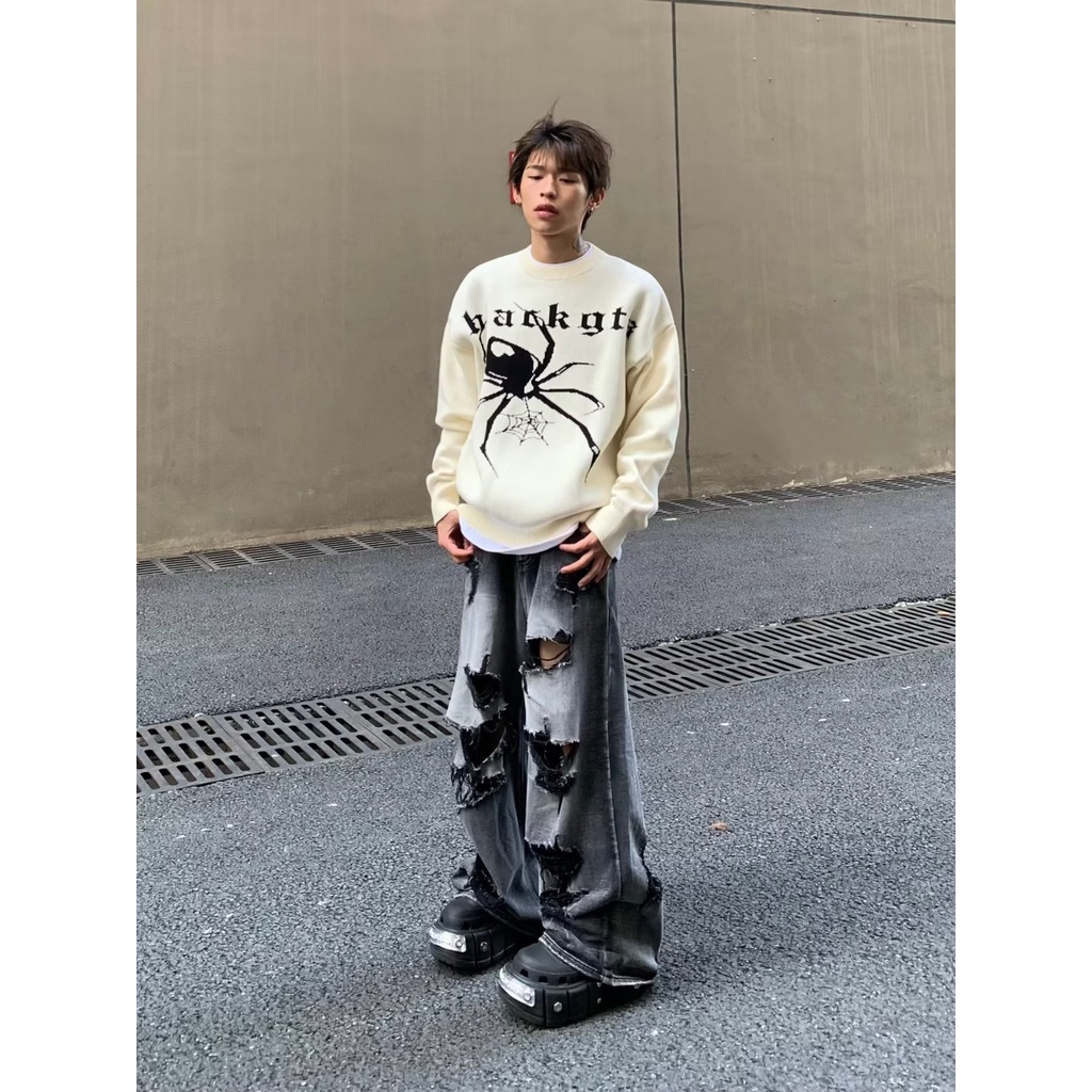 Áo len nam cổ tròn kiểu dáng hàn quốc vải len sợi dày dặn  Áo hoodie thêu hình nhện thời trang thu Đông cho nam nữ