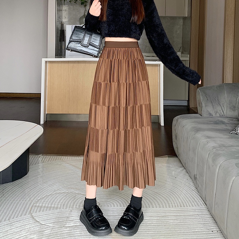 Chân Váy Chữ a Lưng Cao Xếp Ly Màu Trơn Thêu Họa Tiết Phong Cách Hàn Quốc Thời Trang Thu Đông Cho Nữ