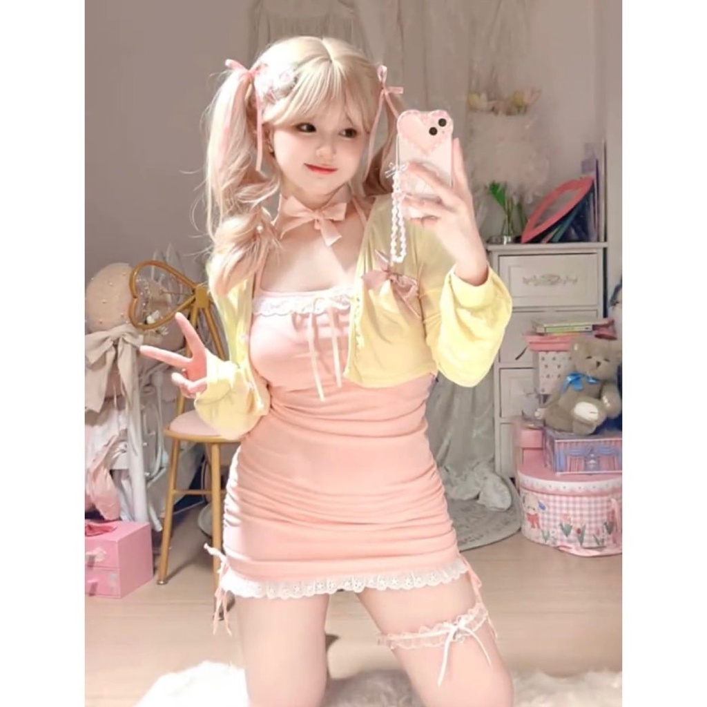 Set Đầm Hai Dây Ôm Eo Thêu Ren Tinh Khiết + Áo Khoác cardigan muốn Sang Trọng Ngọt Ngào