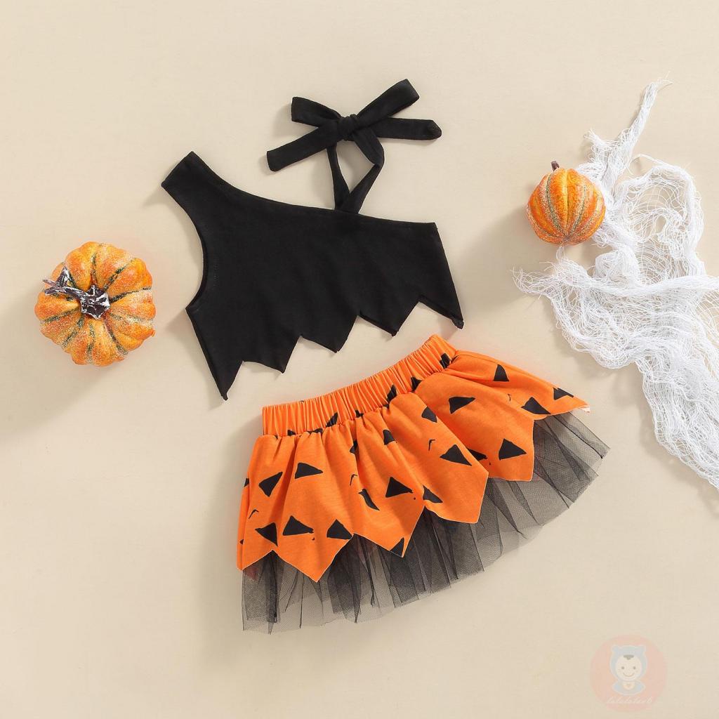 Laa6-áo crop Top Trễ Vai Buộc Dây Màu Trơn + Chân Váy Lưới Co Giãn Phong Cách halloween Cho Bé Gái