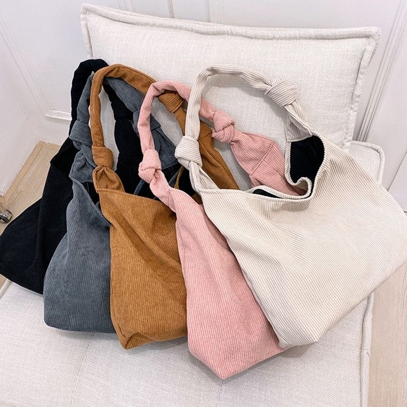 Túi tote Đeo Vai Vải Nhung Kẻ Kích Thước Lớn Màu Cam Phong Cách Hàn Quốc Đơn Giản Dành Cho Nữ