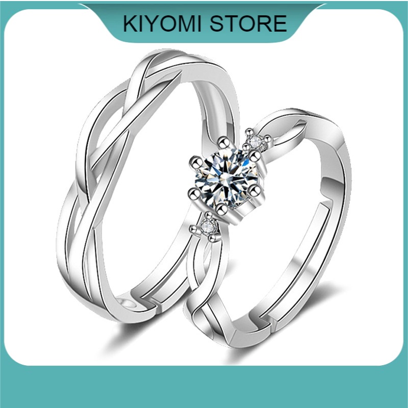 Nhẫn Đính Hôn Bạc Đính Đá Lấp Lánh Dành Cho Cặp Đôi Điều Chỉnh Kích Thước Theo Ngón Tay