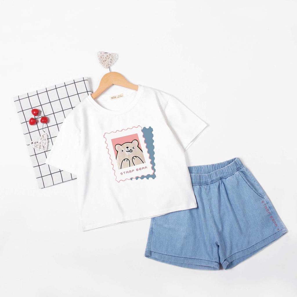 Set Áo Thun Gấu Selfie Kèm Quần Đùi Jean Bé Gái