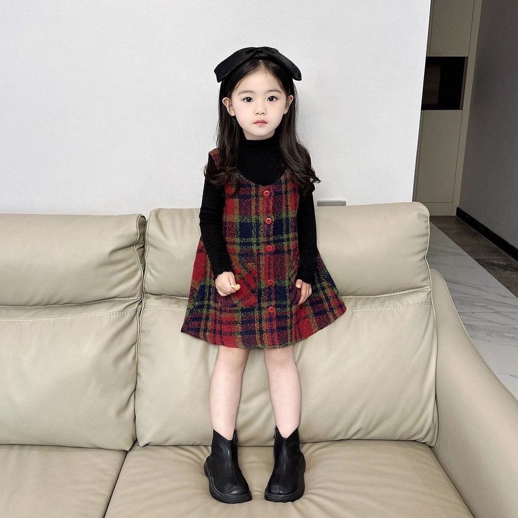 Set Áo Váy Len Họa Tiết Caro Thời Trang Mùa Thu Cho Bé Gái