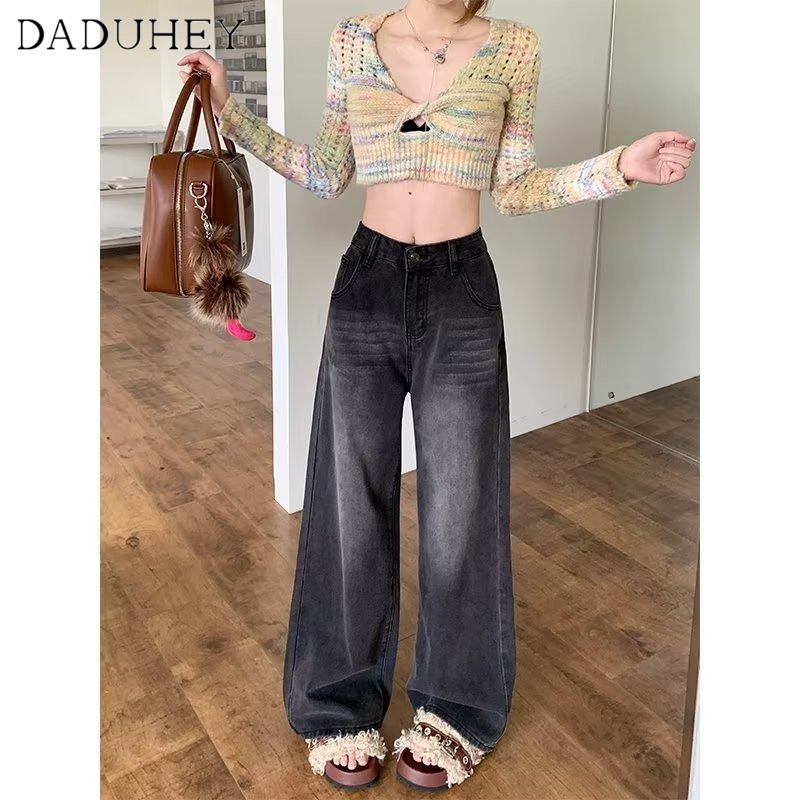 Quần jeans DADUHEY lưng cao ống rộng phong cách đường phố Mỹ cổ điển thời trang cao cấp