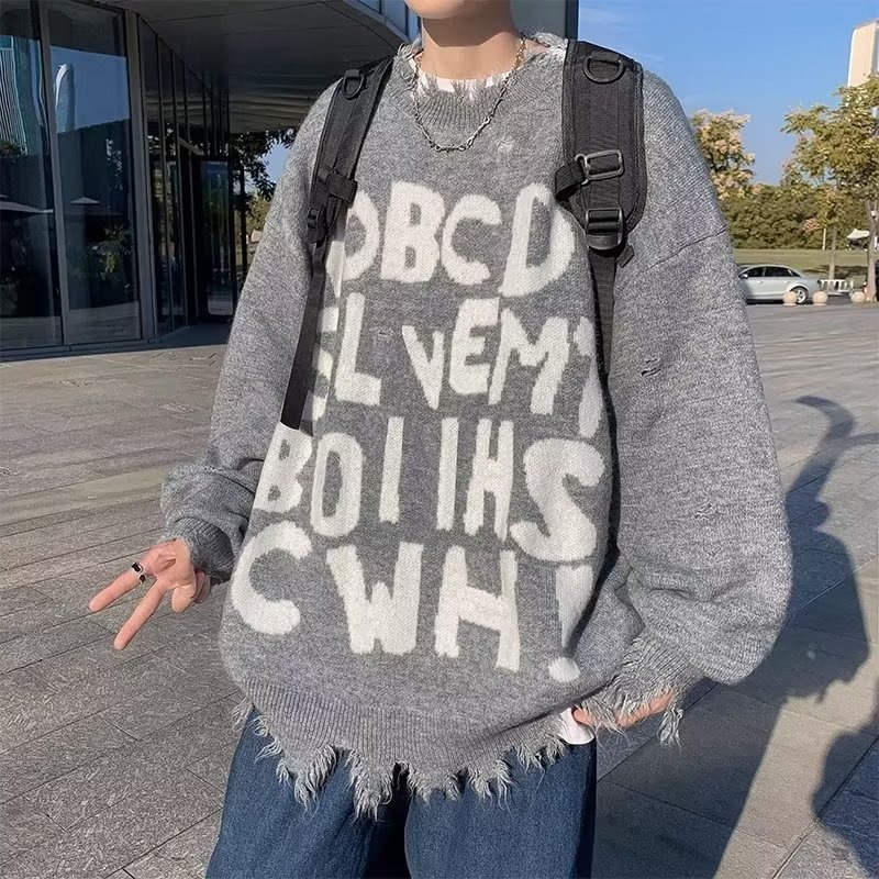 Áo sweater Dệt Kim Tay Dài Dáng Rộng In Chữ Kiểu Hồng Kông Thời Trang Thu Đông Cho Nam