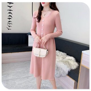 [Hot trong kho] Đầm dệt kim dài mùa thu đông cho nữ Áo len cổ chữ V Áo len dệt kim dáng rộng kiểu Hàn Quốc cho nữ áo len dài tay cỡ lớn