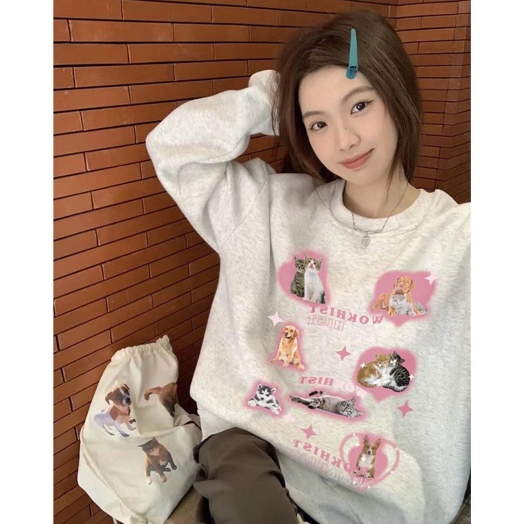 Áo hoodie Vải Lông Tay Dài Dáng Rộng In Hoạt Hình Phong Cách Hàn Quốc Thời Trang Thu Đông Cho Nữ