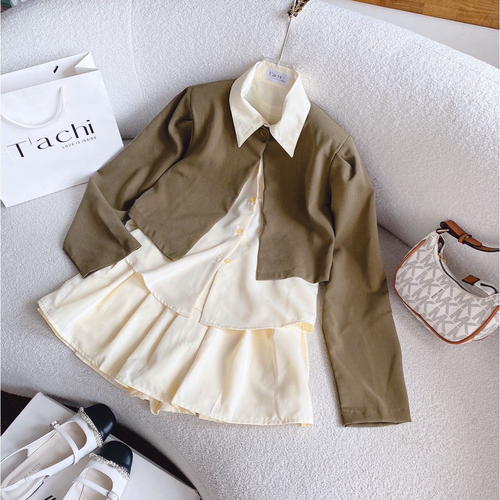 Set 3 món khoác croptop rêu +sơmi sát nách +chân váy xếp ly kem