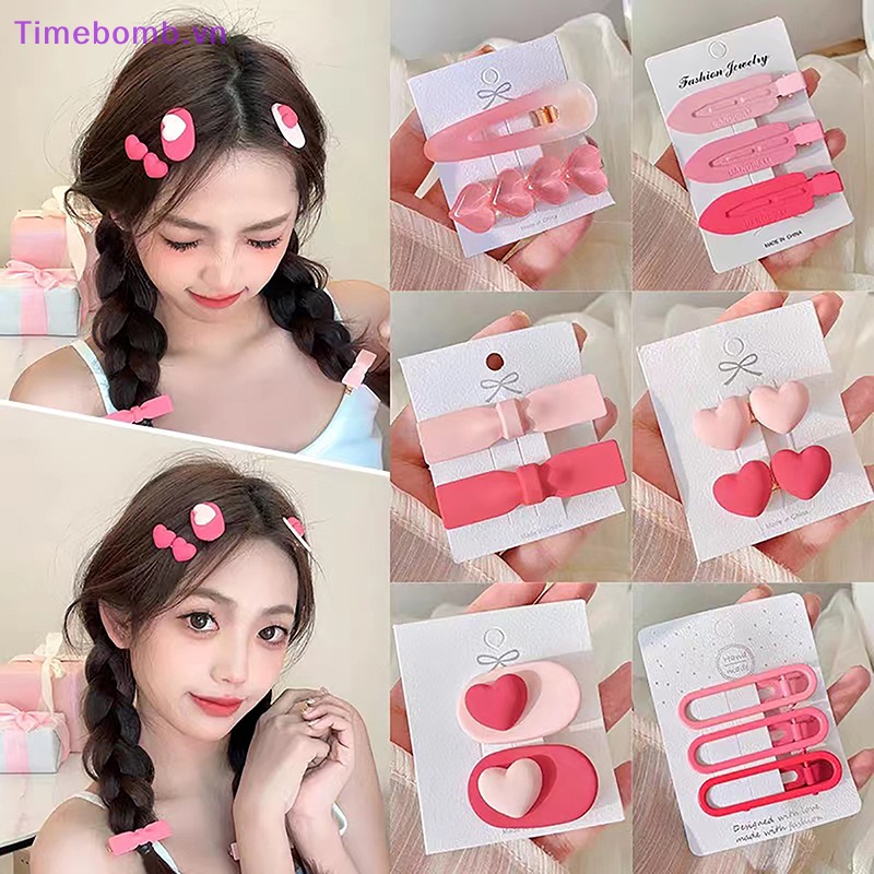 Bộ 2 / 3 Kẹp Tóc Hình Nơ / Trái Tim Màu Hồng Dễ Thương Cho Bé Gái