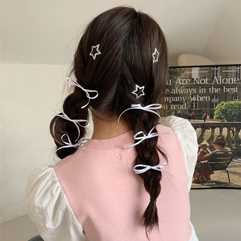 Kẹp Tóc Nơ Ruy Băng Dài Màu Trắng Hồng Phong Cách lolita Hàn Quốc y2k