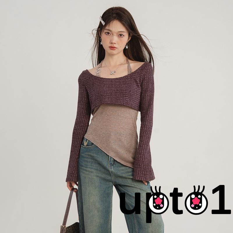 Up-áo Croptop Dệt Kim Tay Dài Hở Lưng Không Tay Cột Dây Màu Trơn Cho Nữ