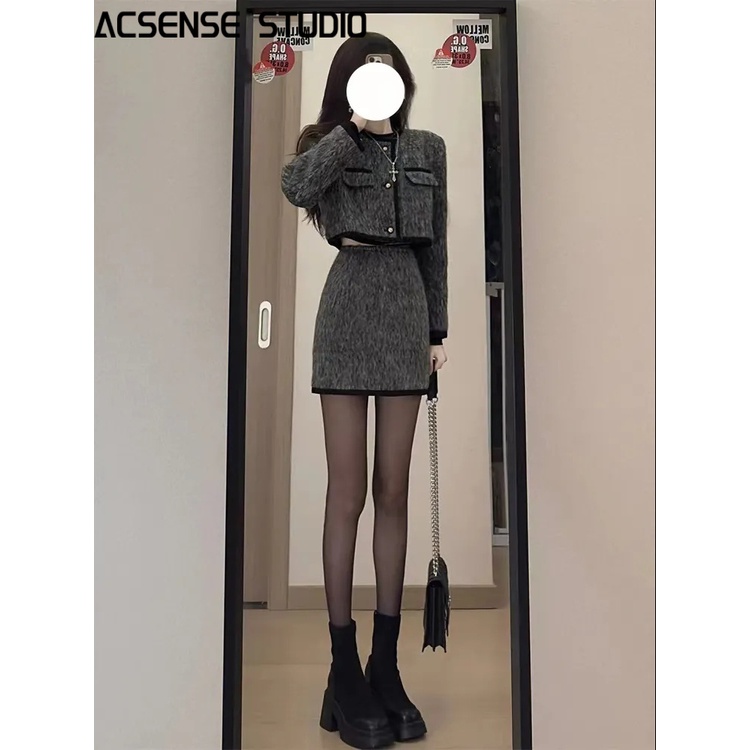 ACSENSE STUDIO set đồ nữ áo dạ tweed áo khoác + chân váy Popular fashionable Thanh lịch Thông thường WCS2300JFR 41Z231010