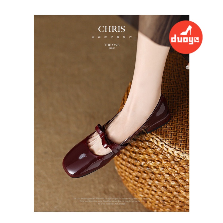 Duooya hair Thẳng ~  Giày mary jane Gót Dày Thấp Bằng Da Bóng Đính Nơ Mùa Xuân Thu Cho Nữ Miễn Phí Vận Chuyển