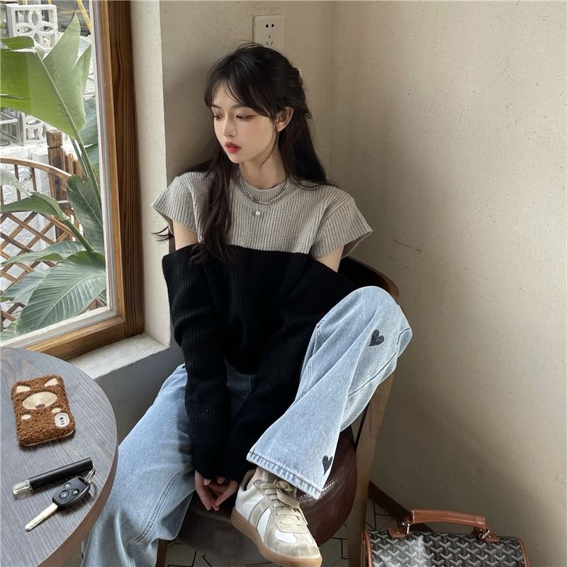 Áo sweater Dệt Kim Tay Dài Hở Vai Màu Sắc Tương Phản Phong Cách Hàn Quốc Thời Trang Thu Đông Cho Nữ