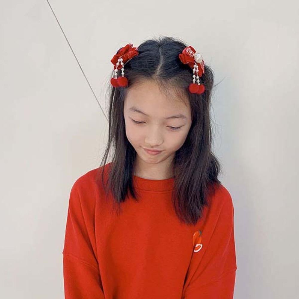 1 Cặp Kẹp Tóc Hình Nơ Phối Tua Rua Lông Xù Xinh Xắn Cho Nữ Dịp Năm Mới