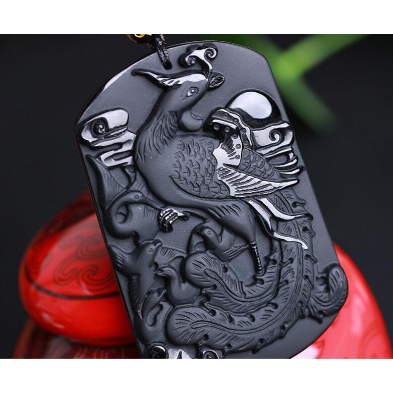 Đen Vòng cổ Mặt Phượng Hoàng Đính Đá obsidian