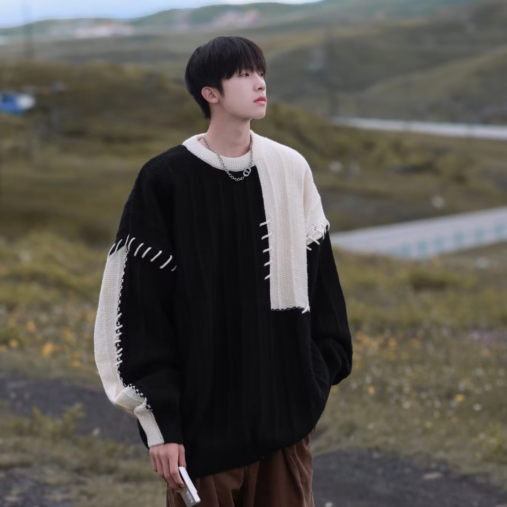 Áo Sweater Dệt Kim Dày Dáng Rộng Màu Sắc Tương Phản Kiểu Hàn Quốc Thời Trang Cho Các Cặp Đôi Big Size Nam Tay Dài Áo Len Trắng