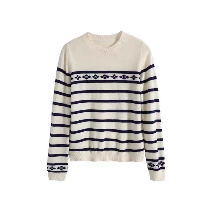 H Áo sweater Cổ Tròn Tay Dài Kẻ Sọc Thời Trang Thu Đông Cho Nữ