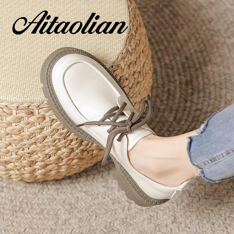 Giày Da Mềm Đế Bằng Buộc Dây 4cm Kiểu retro Cá Tính Cho Nữ Thời Trang