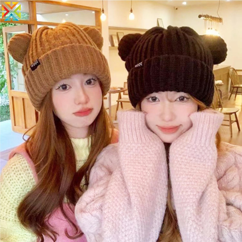 Mũ Len Dày Dặn Mềm Mại Đính Tai Gấu Bông Phong Cách harajuku Hàn Quốc Dễ Thương y2k