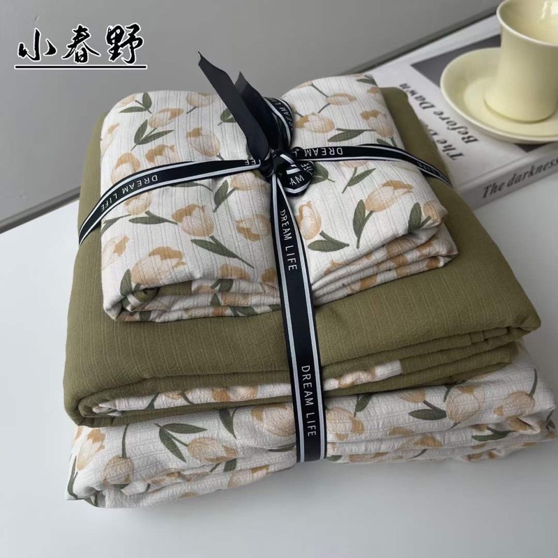 Bộ chăn ga gối 4 món cotton đũi vintage - vỏ chăn có khoá kéo lồng ruột