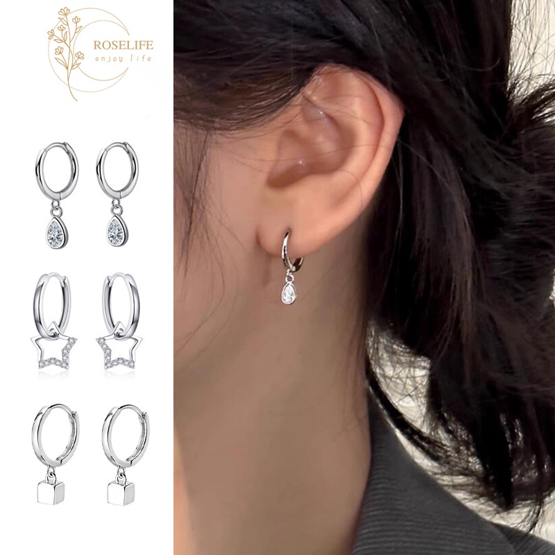 Roselife Bông Tai Mạ Bạc 925 Đính Đá zircon Hình Khối Lập Phương Nhỏ Sang Trọng Cho Nữ