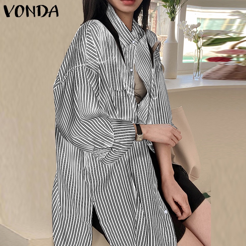 Áo Sơ Mi Tay Dài Hở Vai Kẻ Sọc Có Túi Trước Thời Trang Hàn Quốc Cho Nữ