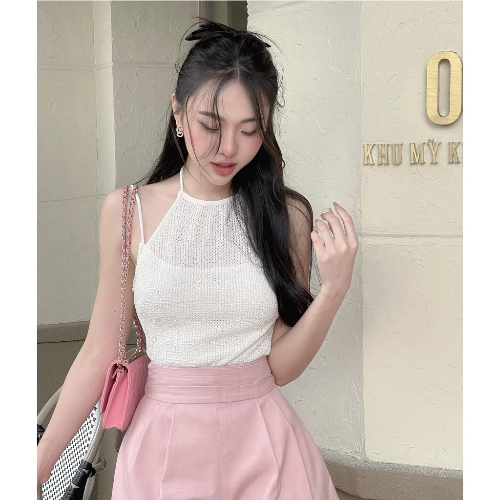 Áo kiểu len thun PINKSTORE29 phối cổ yếm phong cách gợi cảm A5911