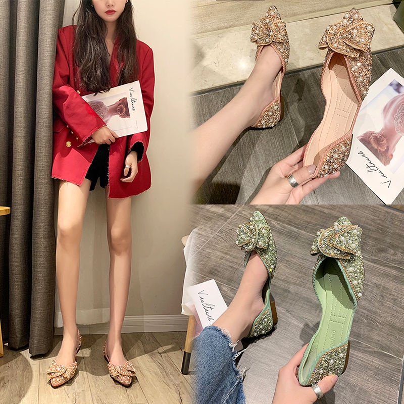 Giày Búp Bê Mũi Nhọn Đính Nơ Và Ngọc Trai Thời Trang Mùa Hè Phong Cách Hàn Quốc Mới