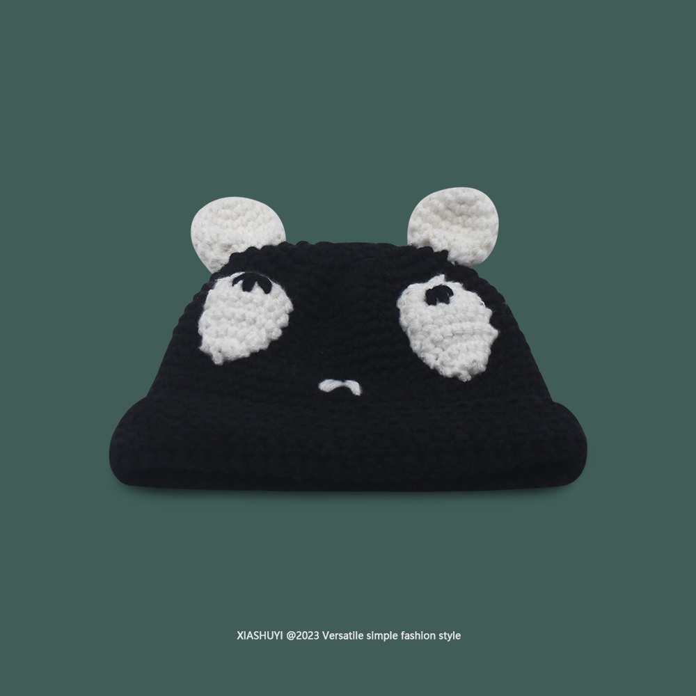 Dễ Thương Mũ Len Dệt Kim Đính Tai Gấu Trúc Phối Màu Tương Phản Xinh Xắn Cho Nữ