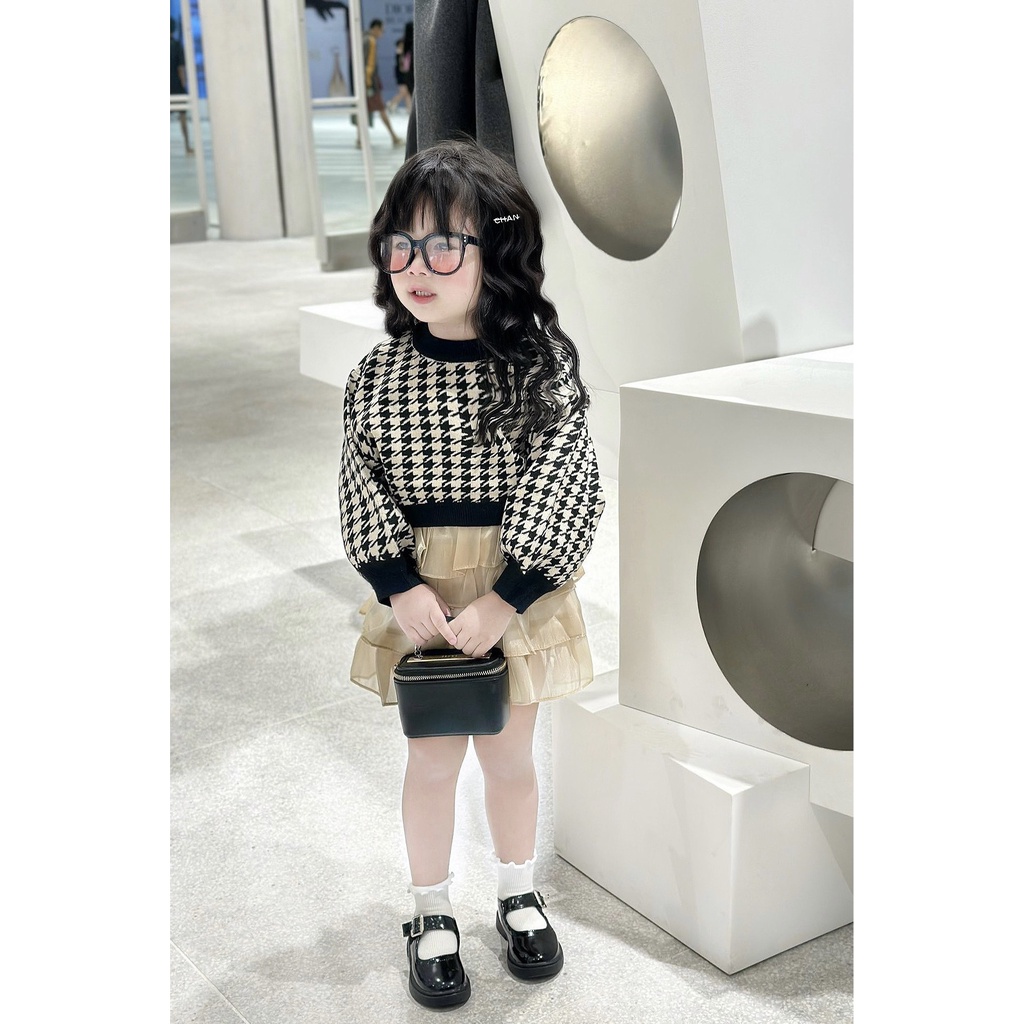 Set áo len + chân váy tơ cho bé gái 10-20kg mặc mùa đông 2023 đi chơi, đi học