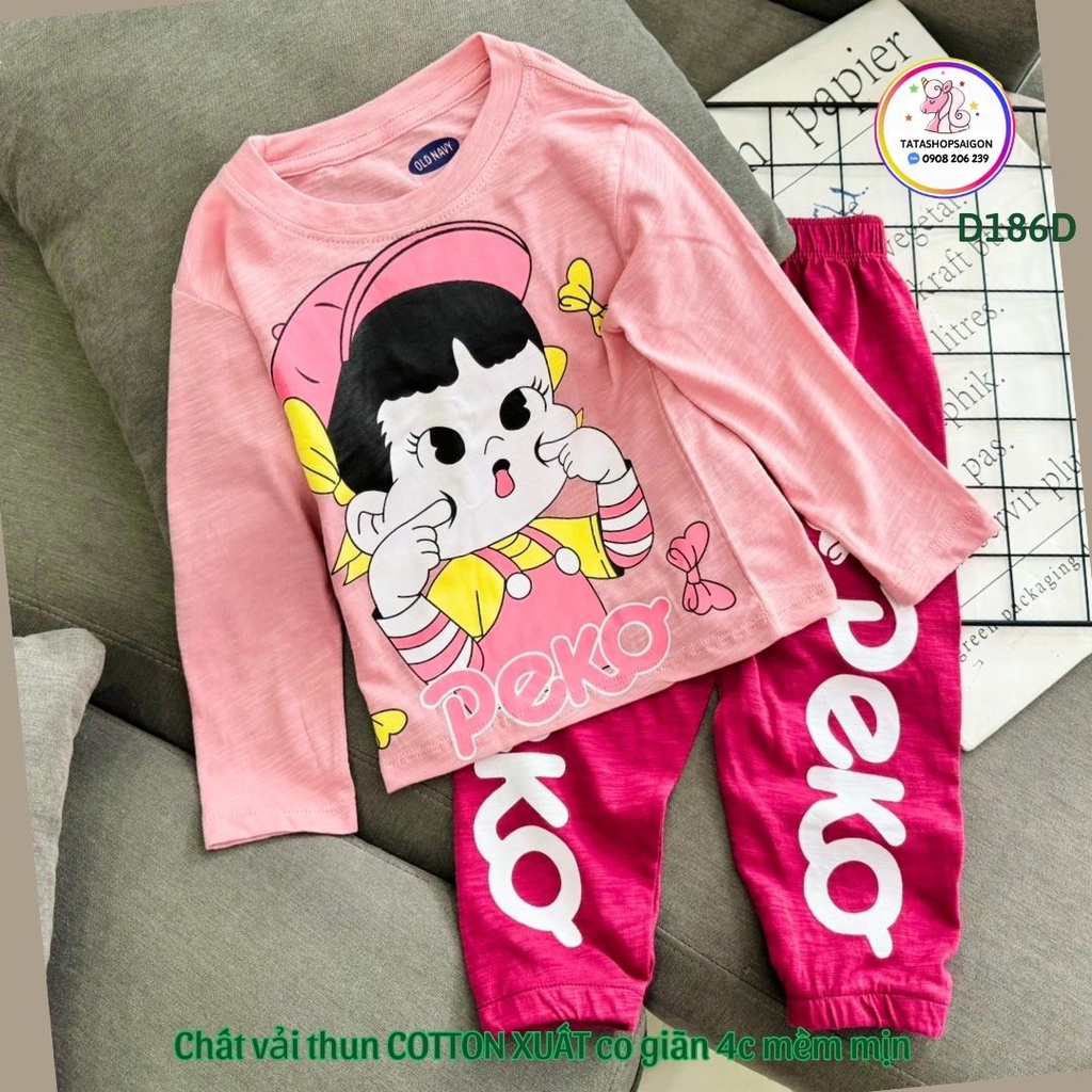 Bộ quần áo tay dài bé gái thun cotton xuất in hoạt hình D186